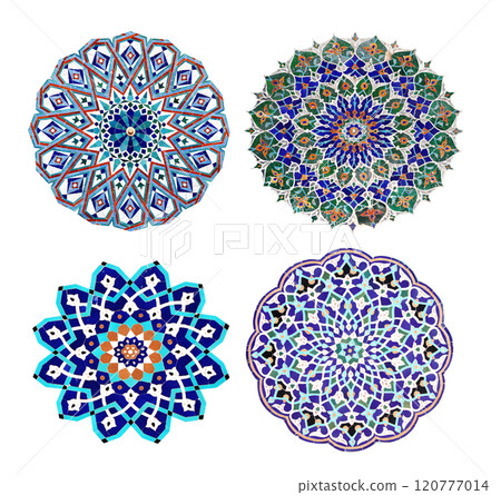 Set of round detail of ancient mosaic walls with floral and geometric ornaments. Collection of ceramic circles with traditional iranian tile decorations. Isolated on white background Set of round detail of ancient mosaic walls with floral and geometric ornaments. Collection of ceramic circles with traditional iranian tile decorations. Isolated on white background 120777014