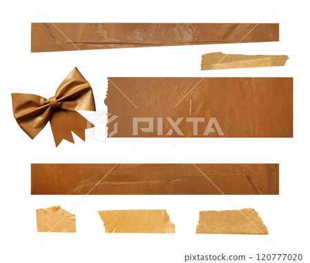 Adhesive tape stripes and bow set. Duct tape part collection. Isolated on white background 120777020
