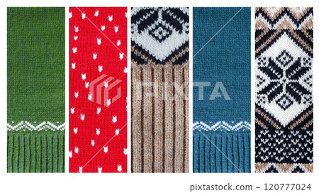 Set of horizontal or vertical banners with wool sweater texture of light brown, dark brow, red, white color with geometric pattern. Collection of natural knitted wool material with decorative ornament 120777024