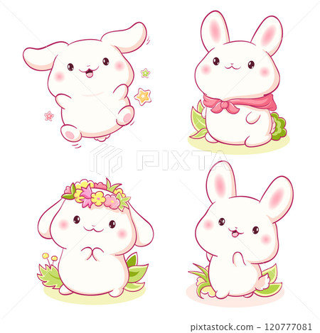 Set of little bunny in kawaii style. Tiny baby rabbits in multiple poses. Cute rabbit expression sheet collection. Can be used for t-shirt print, sticker, greeting card. Vector EPS8 Set of little bunny in kawaii style. Tiny baby rabbits in multiple poses. Cute rabbit expression sheet collection. Can be used for t-shirt print, sticker, greeting card. Vector EPS8 120777081