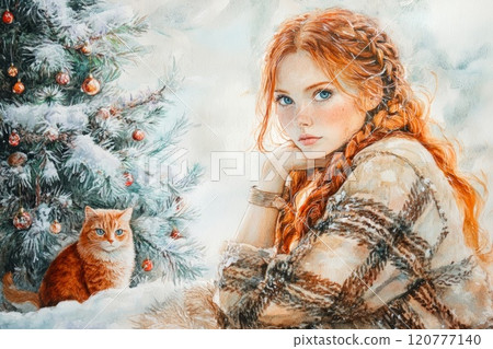 Watercolor, girl redhead and blue eyes, sitting with red cat. 120777140