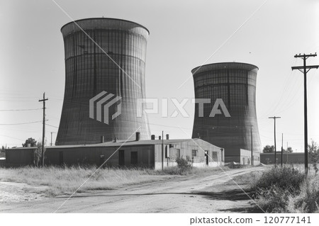 Large, cylindrical cooling towers, black-white. 120777141