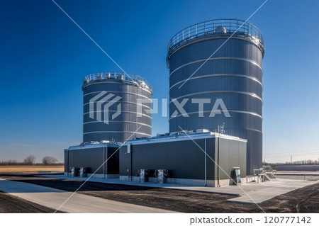 Two large, cylindrical cooling towers. 120777142