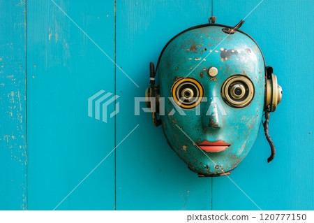 Robot head face on blue background, close up. 120777150