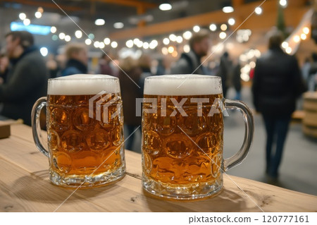 Two beer mugs on a wooden table, blurred of people gathered. 120777161