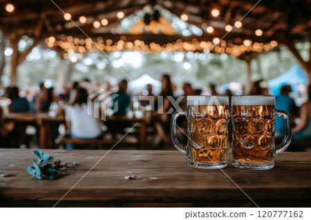 Two full beer mugs on a wooden table. 120777162