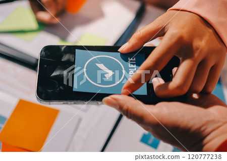 Young Asian business creative team work together, mobile application software design project. Brainstorm meeting, internet technology, smartphone web app designer, office coworker teamwork concept Young Asian business creative team work together, mobile application software design project. Brainstorm meeting, internet technology, smartphone web app designer, office coworker teamwork concept 120777238