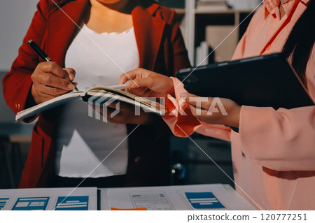 Young Asian business creative team work together, mobile application software design project. Brainstorm meeting, internet technology, smartphone web app designer, office coworker teamwork concept 120777251