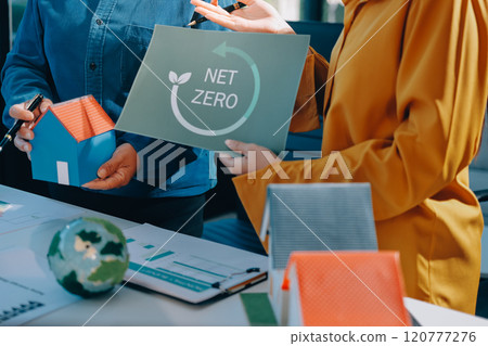 ESG environmental social governance display on laptop on eco-friendly company meeting with business people implementing environmental protection for clean and sustainable future ecology. Trailblazing 120777276