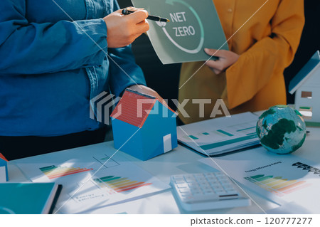 ESG environmental social governance display on laptop on eco-friendly company meeting with business people implementing environmental protection for clean and sustainable future ecology. Trailblazing 120777277