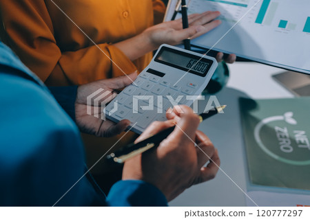 ESG environmental social governance display on laptop on eco-friendly company meeting with business people implementing environmental protection for clean and sustainable future ecology. Trailblazing 120777297