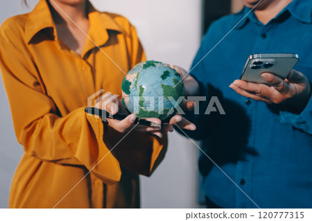 ESG environmental social governance display on laptop on eco-friendly company meeting with business people implementing environmental protection for clean and sustainable future ecology. Trailblazing ESG environmental social governance display on laptop on eco-friendly company meeting with business people implementing environmental protection for clean and sustainable future ecology. Trailblazing 120777315