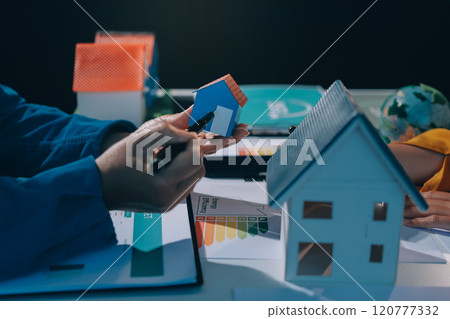 ESG environmental social governance display on laptop on eco-friendly company meeting with business people implementing environmental protection for clean and sustainable future ecology. Trailblazing 120777332