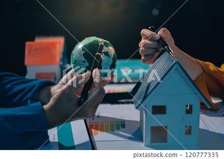 ESG environmental social governance display on laptop on eco-friendly company meeting with business people implementing environmental protection for clean and sustainable future ecology. Trailblazing 120777335