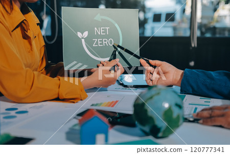 ESG environmental social governance display on laptop on eco-friendly company meeting with business people implementing environmental protection for clean and sustainable future ecology. Trailblazing 120777341