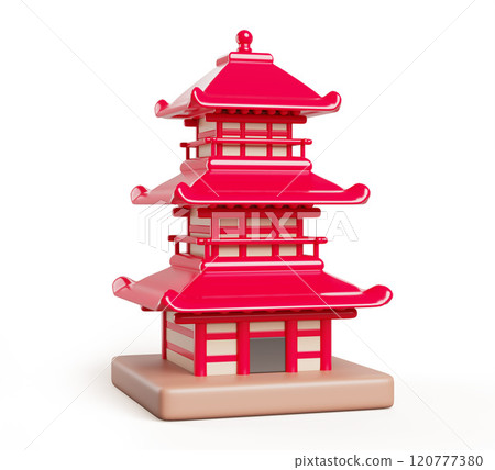 Japanese pagoda red tower cartoon 3d render icon. Traditional Japan or China architecture, buddhist or hindu building, asian house, temple or palace isolated on white background. 3D illustration Japanese pagoda red tower cartoon 3d render icon. Traditional Japan or China architecture, buddhist or hindu building, asian house, temple or palace isolated on white background. 3D illustration 120777380