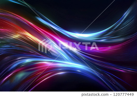 一條彎曲的線，發出七彩光芒，在黑暗中流動 120777449