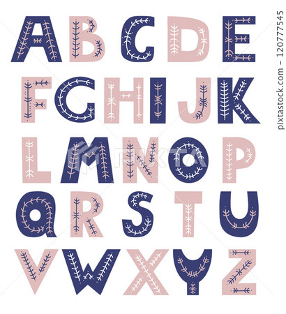 Decorative Hand-drawn English Alphabet with folk pattern. Vector illustration. Isolated pink and dark blue lettering letters perfect for creative and design 120777545