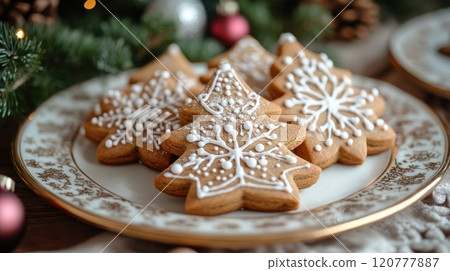 Christmas gingerbread cookies on plate with festive decorations. Holiday baking concept 120777887
