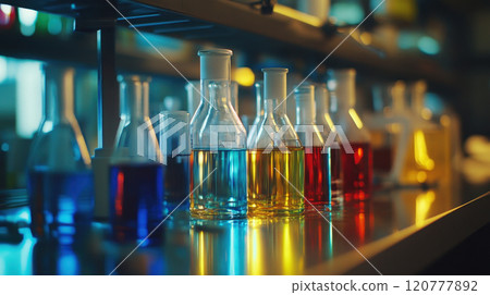 Laboratory flasks with colorful liquid. Concept of science, research, and chemistry 120777892