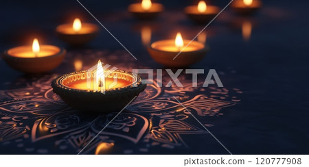 Traditional clay diyas lit up for Diwali celebration 120777908