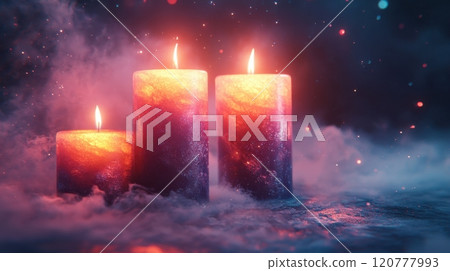 Three Lit Candles in a Mystical Atmosphere with Smoke and Sparkling Particles 120777993