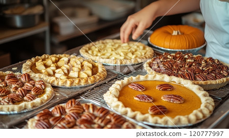 Assortment of freshly baked pies, apple, pecan, pumpkin, and more. Bakery, Thanksgiving, dessert concept. 120777997