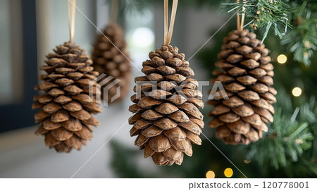 Four natural pine cone ornaments hanging on a Christmas tree, festive decoration, winter holidays, cozy atmosphere Four natural pine cone ornaments hanging on a Christmas tree, festive decoration, winter holidays, cozy atmosphere 120778001