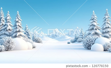 Snowy winter landscape with snow covered trees and mountains. 120778150