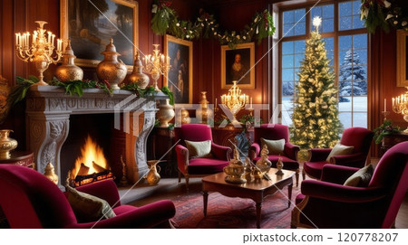 Festive Interior with Fireplace, Gold Balloons, and Winter Wonderland Views 120778207