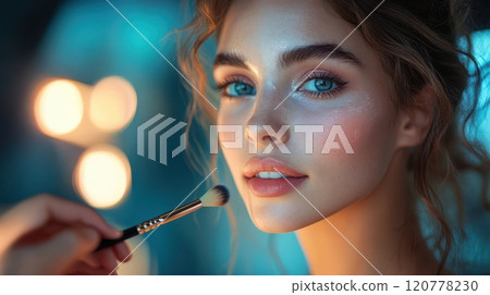 Makeup Application, Model with blue eyes getting blush applied, illuminated by vanity lights. Beauty, cosmetics, and professional makeup concept. Makeup Application, Model with blue eyes getting blush applied, illuminated by vanity lights. Beauty, cosmetics, and professional makeup concept. 120778230