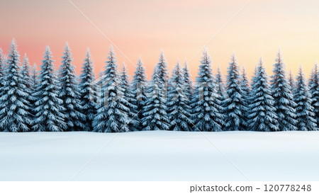 Snowy pine forest at sunset. Winter wonderland landscape with snow covered trees and colorful sky. 120778248