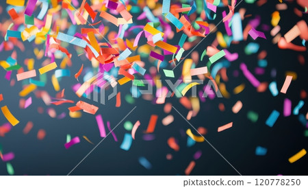 Colorful confetti falling against a dark background. Celebration, party, festive, joy, fun, event. 120778250