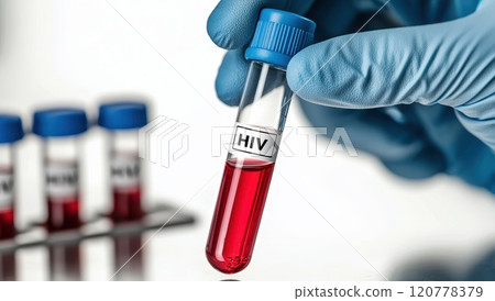 Blood sample in test tube for HIV test. Concept of healthcare, medical research, and sexually transmitted diseases. 120778379