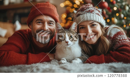 Happy Couple and Cat by Christmas Tree, Festive Holiday Cheer 120778388
