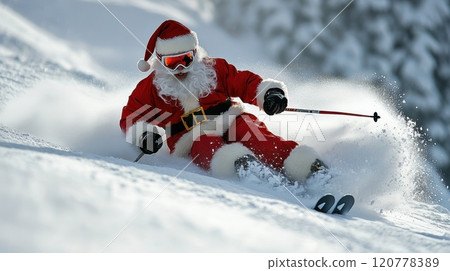 Santa Claus Skiing Down a Snowy Slope, Festive Winter Sports and Holiday Cheer 120778389
