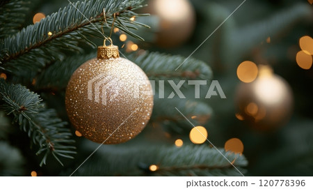 Gold Christmas Ornament on a Christmas Tree, Festive Decoration for the Holiday Season Gold Christmas Ornament on a Christmas Tree, Festive Decoration for the Holiday Season 120778396