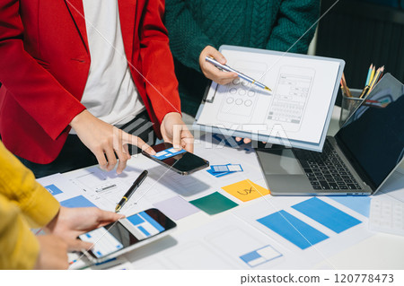 UX developer and ui designer brainstorming about mobile app interface wireframe design 120778473