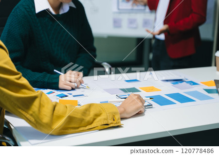 UX graphic designer planning application process development prototype wireframe for web smart phone. 120778486