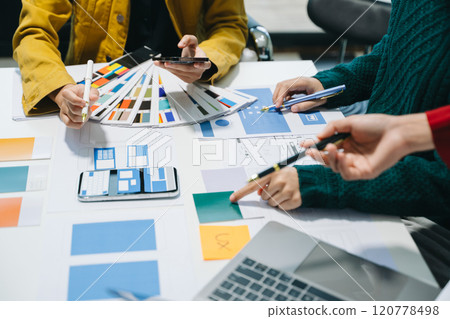 UX graphic designer planning application process development prototype wireframe for web smart phone. 120778498