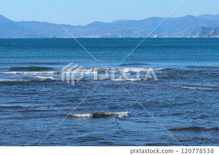 Waves on the Mediterranean Sea. Nature and mountains of Italy. Setri Levante, Liguria. Waves on the Mediterranean Sea. Nature and mountains of Italy. Setri Levante, Liguria. 120778538