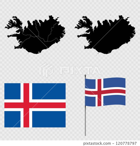 Set of maps, flag and flagpole of Iceland. Vector illustration. 120778797