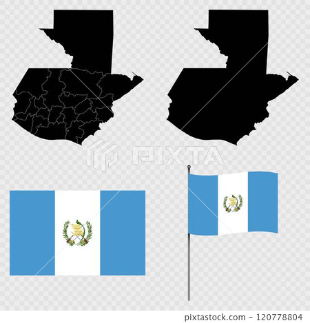 Set of maps, flag and flagpole of Guatemala. Vector illustration. 120778804