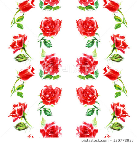 Pattern of bright red rose with green leaf in juicy watercolor. It is hand-drawn in bright juicy strokes of bright red, scarlet color. The rose petals are open on white background. Blossoming flowers Pattern of bright red rose with green leaf in juicy watercolor. It is hand-drawn in bright juicy strokes of bright red, scarlet color. The rose petals are open on white background. Blossoming flowers 120778953
