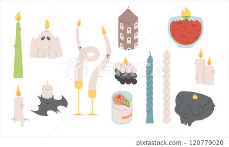 Various Candles. Different shapes and sizes. Pillar, jar candle. Vector set Various Candles. Different shapes and sizes. Pillar, jar candle. Vector set 120779020