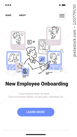New employee onboarding concept with hand-drawn style featuring a person interacting with digital profiles on a mobile application screen New employee onboarding concept with hand-drawn style featuring a person interacting with digital profiles on a mobile application screen 120779150