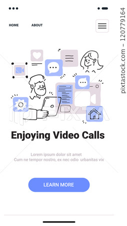 Video calls concept with people using digital devices surrounded by chat icons and elements in a minimalist hand drawn style. Mobile app screen 120779164