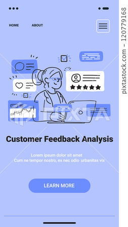 Customer feedback analysis concept doodle style woman analyzing data on laptop with charts stars and messages blue background mobile app screen 120779168