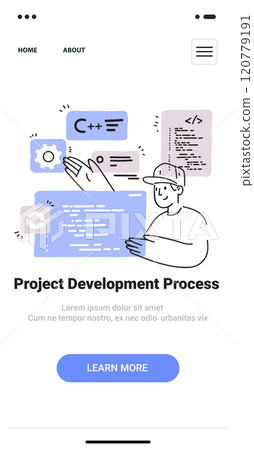 Project Development Process concept with developer interacting with code and tech symbols in a minimalist hand drawn style. Mobile application screen Project Development Process concept with developer interacting with code and tech symbols in a minimalist hand drawn style. Mobile application screen 120779191