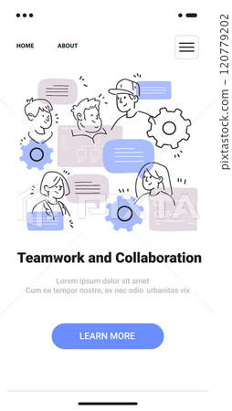 Teamwork and collaboration concept with people discussing ideas gears and speech bubbles in a minimalist sketch style landing page design Teamwork and collaboration concept with people discussing ideas gears and speech bubbles in a minimalist sketch style landing page design 120779202